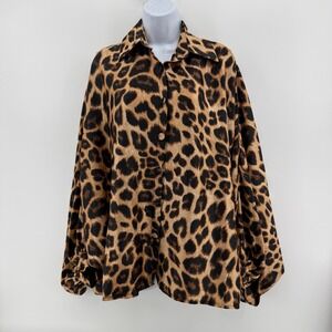 Beulah Style Button Up Women ALL Brown Leopard Print Polyester Puff Sleeve